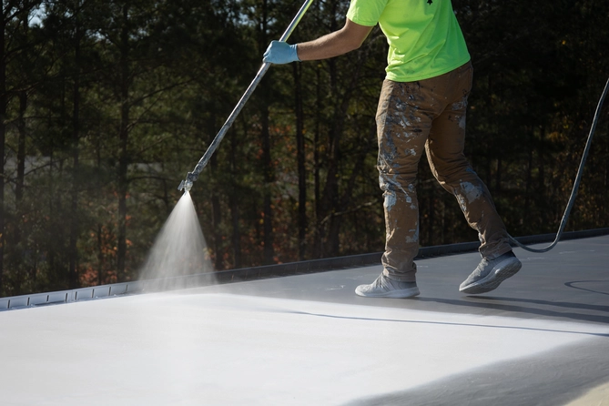 premiere roofer in a green shirt spraying a commercial flat roof with a coating